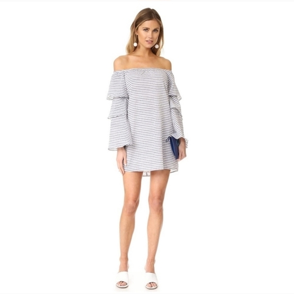 Wayf Brayden Off Shoulder Dress Size XS Navy Gingham - Picture 1 of 7